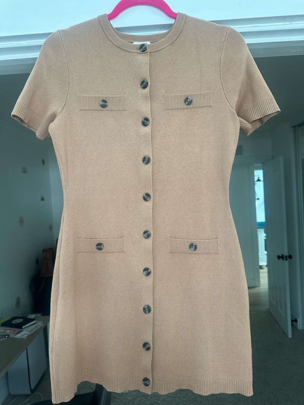 H&M Short-Sleeve Tan Button-Front Knit Dress